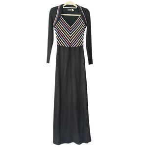 Vintage 70's International sweater maxi dress w Lurex chevron black multicolor M
